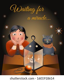Vector postcard with a girl and a cat looking at a lantern