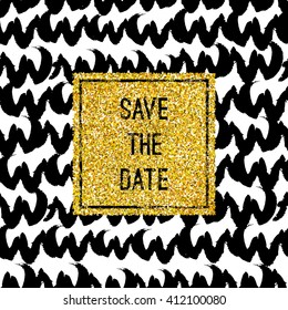 Vector postcard with gold glitter and inscription. Black and white vector postcard template with gold glitter and pattern.