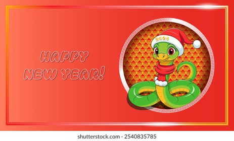 Vector postcard greeting card or flyer. Happy New Year 2025. Wriggling cartoon cute kind smiling green snake in red scarf and Santa Claus hat. Chinese horoscope.