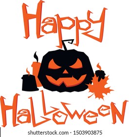 Vector postcard for Halloween containes pumpkin, candles and wish "Happy Halloween". Minimalism designed in two colors.