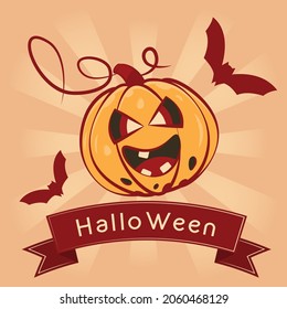 Vector postcard for Halloween in retro style with the image of a funny pumpkin and bats on a vintage background.