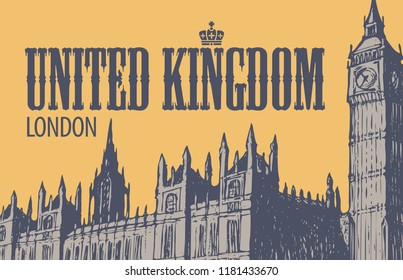 Vector postcard with hand drawn Palace of Westminster and Big Ben in London, UK. Retro postcard with words United Kingdom, London