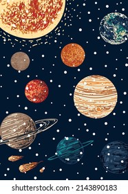 Vector postcard in hand-drawn style with outer space. Cute template with planets, sun, and moon in outer space. Design for nursery, kindergarten, stationery, poster, notebook design, cards.