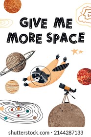 Vector postcard in hand-drawn style with outer space. Cute template with planets, raccoon astronaut, telescope in outer space. Design for children's room, kindergarten, stationery, posters, notepad.