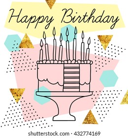 Vector postcard Happy Birthday isolated on white background with gold glitter. Cute postcard with cake, textures and geometric shapes.