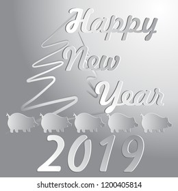 vector postcard Happy New Year 2019 and pig on grey background, cover, for use in design