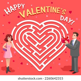 Vector Postcard: Happy Valentine's Day. Vector Illustration - Maze Like Heart on Red. Man Try to Sent the Gift to Beautiful Woman.