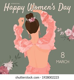 Vector postcard Happy Women's Day on March 8, the girl stands with her back in a beautiful light pink blouse