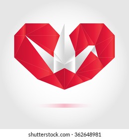 Vector postcard. Heart and crane of paper. Origami. Valentine`s day