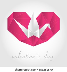 Vector postcard. Heart and crane of paper. Origami. Valentine`s day