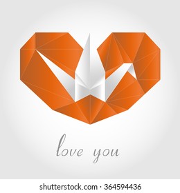 Vector postcard. Heart and crane of paper. Origami. Valentine`s day