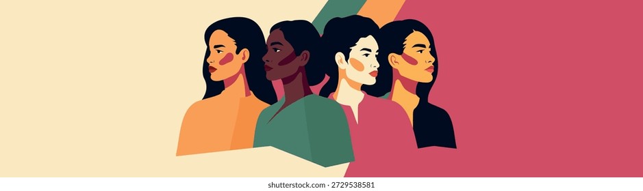 Vector postcard, horizontal banner for International Women's Day, March 8, with space for text. Strong women of different cultures, nationalities stand together. Unity, diversity, women's empowerment