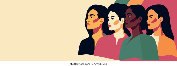 Cartão-postal vetorial, faixa horizontal para o Dia Internacional da Mulher, 8 de março, com espaço para texto. Mulheres fortes de diferentes culturas, nacionalidades estão juntas. Diversidade, unidade, empoderamento das mulheres