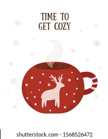 Vector postcard with hot drink in a cute mug and cozy slogan in flat design. Hot chocolate, coffee, cocoa with marshmallow. Autumn and winter holidays banner. Christmas, New Year.