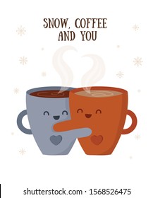 Vector postcard with hot drink in a cute mug and cozy slogan in flat design. Hot chocolate, coffee, cocoa with marshmallow. Autumn and winter holidays banner. Christmas, New Year.