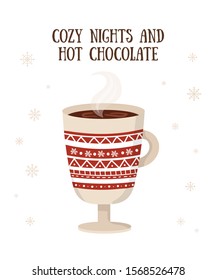 Vector postcard with hot drink in a cute mug and cozy slogan in flat design. Hot chocolate, coffee, cocoa with marshmallow. Autumn and winter holidays banner. Christmas, New Year.