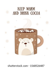 Vector postcard with hot drink in a cute mug and cozy slogan in flat design. Hot chocolate, coffee, cocoa with marshmallow. Autumn and winter holidays banner. Christmas, New Year.