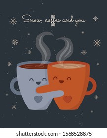 Vector postcard with hot drink in a cute mug and cozy slogan in flat design. Hot chocolate, coffee, cocoa with marshmallow. Autumn and winter holidays banner. Christmas, New Year.