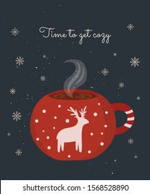 Vector postcard with hot drink in a cute mug and cozy slogan in flat design. Hot chocolate, coffee, cocoa with marshmallow. Autumn and winter holidays banner. Christmas, New Year.