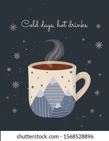 Vector postcard with hot drink in a cute mug and cozy slogan in flat design. Hot chocolate, coffee, cocoa with marshmallow. Autumn and winter holidays banner. Christmas, New Year.