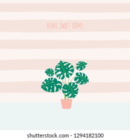Vector postcard. House plants, monstera. Illustration in pastel colors. Text - Home sweet home