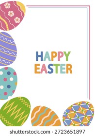 Vector postcard illustration of colorful Easter eggs arranged along the edges of a white background with the words Happy Easter in vibrant colors. Perfect for festive design projects.