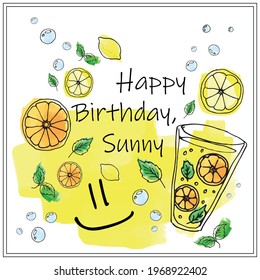 Vector postcard illustration with lemonade, oranges and lemons.