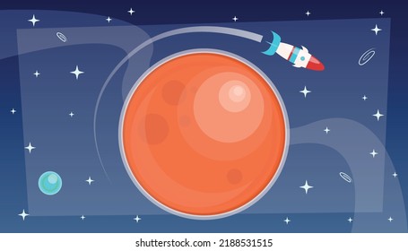 Vector postcard, illustration of Mars, red planet with crators, in a deep space with a spaceship exploring it. For books, websites, postcards, prints etc.