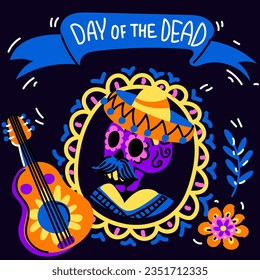 Vector postcard with an illustration of the Mexican holiday Dia de Muertos. A postcard with a traditional male portrait in a frame, calendula flowers, a guitar and the inscription Day of the Dead