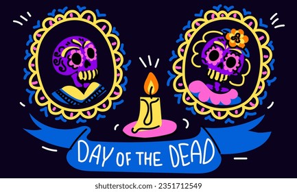 Vector postcard with an illustration of the Mexican holiday Dia de Muertos. A postcard with traditional framed family portraits, a memorial candle and the inscription Day of the Dead on a blue