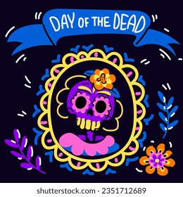 Vector postcard with an illustration of the Mexican holiday Dia de Muertos. A postcard with a traditional framed portrait of a woman, calendula flowers and the inscription Day of the Dead on a blue