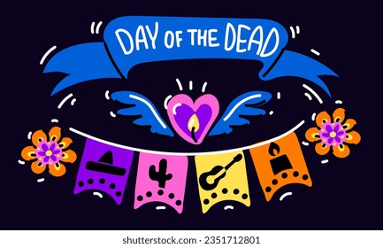 Vector postcard with an illustration of the Mexican holiday Dia de Muertos. A postcard with traditional candles, calendula flowers, carved flags and the inscription Day of the Dead on blue background