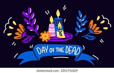 Vector postcard with an illustration of the Mexican holiday Dia de Muertos. A postcard with traditional candles, calendula flowers and the inscription Day of the Dead on a blue background