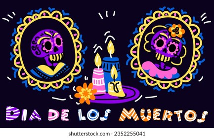 Vector postcard with an illustration of the Mexican holiday Day of the Dead. A postcard with traditional framed family portraits, candles, flowers and the inscription Dia de Muertos on a blue