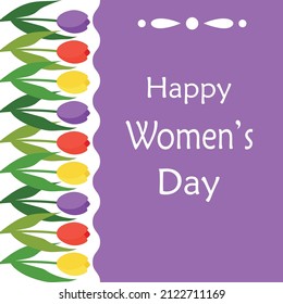 Vector postcard illustration with multi-colored tulips and the inscription Women's Day on a purple background.