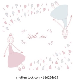 Vector postcard or invitation with cute ballerina in a romantic tutu and pointe shoes, with hair in a bun, on a background with hearts and petals, in pastel colors, with text. Design for children.