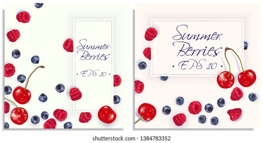 Vector postcard inviting with hand-drawn realistic raspberry, cherry, blaeberry, like paints, juicy colors, appetizing, fresh, tasty, distinct over the light background. Lettering: summer berries