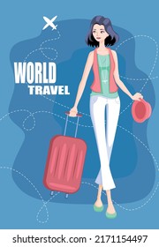 Vector postcard of a lady with black hair travelling the world with red luggage.