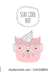 Vector postcard with line drawing hipster cat and cool slogan. Doodle illustration. Friendship day, Valentine's, anniversary, birthday, children's or teenager party