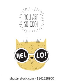 Vector postcard with line drawing hipster cat and cool slogan. Doodle illustration. Friendship day, Valentine's, anniversary, birthday, children's or teenager party