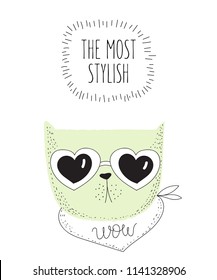 Vector postcard with line drawing hipster cat and cool slogan. Doodle illustration. Friendship day, Valentine's, anniversary, birthday, children's or teenager party