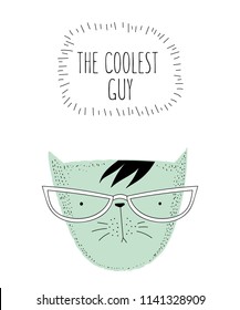 Vector postcard with line drawing hipster cat and cool slogan. Doodle illustration. Friendship day, Valentine's, anniversary, birthday, children's or teenager party