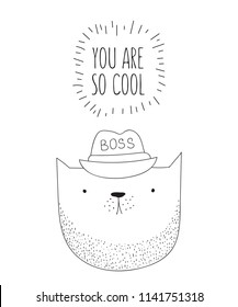 Vector postcard with line drawing hipster cat and cool slogan. Doodle illustration. Friendship day, Valentine's, anniversary, birthday, children's or teenager party