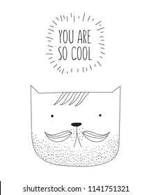 Vector postcard with line drawing hipster cat and cool slogan. Doodle illustration. Friendship day, Valentine's, anniversary, birthday, children's or teenager party