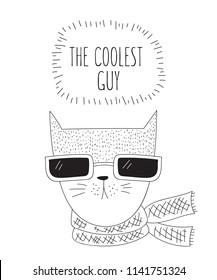 Vector postcard with line drawing hipster cat and cool slogan. Doodle illustration. Friendship day, Valentine's, anniversary, birthday, children's or teenager party