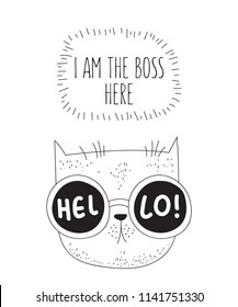 Vector postcard with line drawing hipster cat and cool slogan. Doodle illustration. Friendship day, Valentine's, anniversary, birthday, children's or teenager party