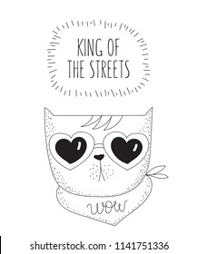 Vector postcard with line drawing hipster cat and cool slogan. Doodle illustration. Friendship day, Valentine's, anniversary, birthday, children's or teenager party