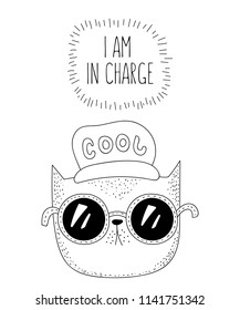 Vector postcard with line drawing hipster cat and cool slogan. Doodle illustration. Friendship day, Valentine's, anniversary, birthday, children's or teenager party