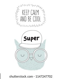 Vector postcard with line drawing hipster owl with cool slogan. Doodle illustration. Friendship day, Valentine's, anniversary, birthday, children's or teenager party