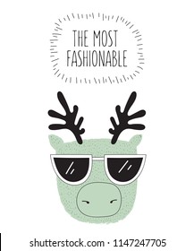 Vector postcard with line drawing hipster deer with cool slogan. Doodle illustration. Friendship day, Valentine's, anniversary, birthday, children's or teenager party